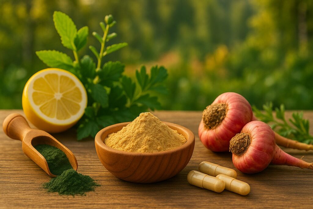 maca-juur-pulber Maca juur ja pulber lauapeal